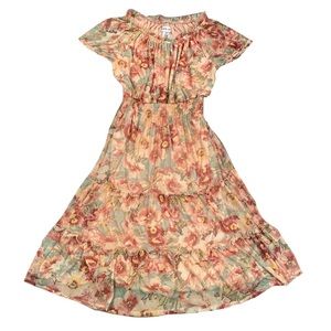 Green and Floral Kate Lily Summer Ruffles Dress with Elastic Waist and Sleeves